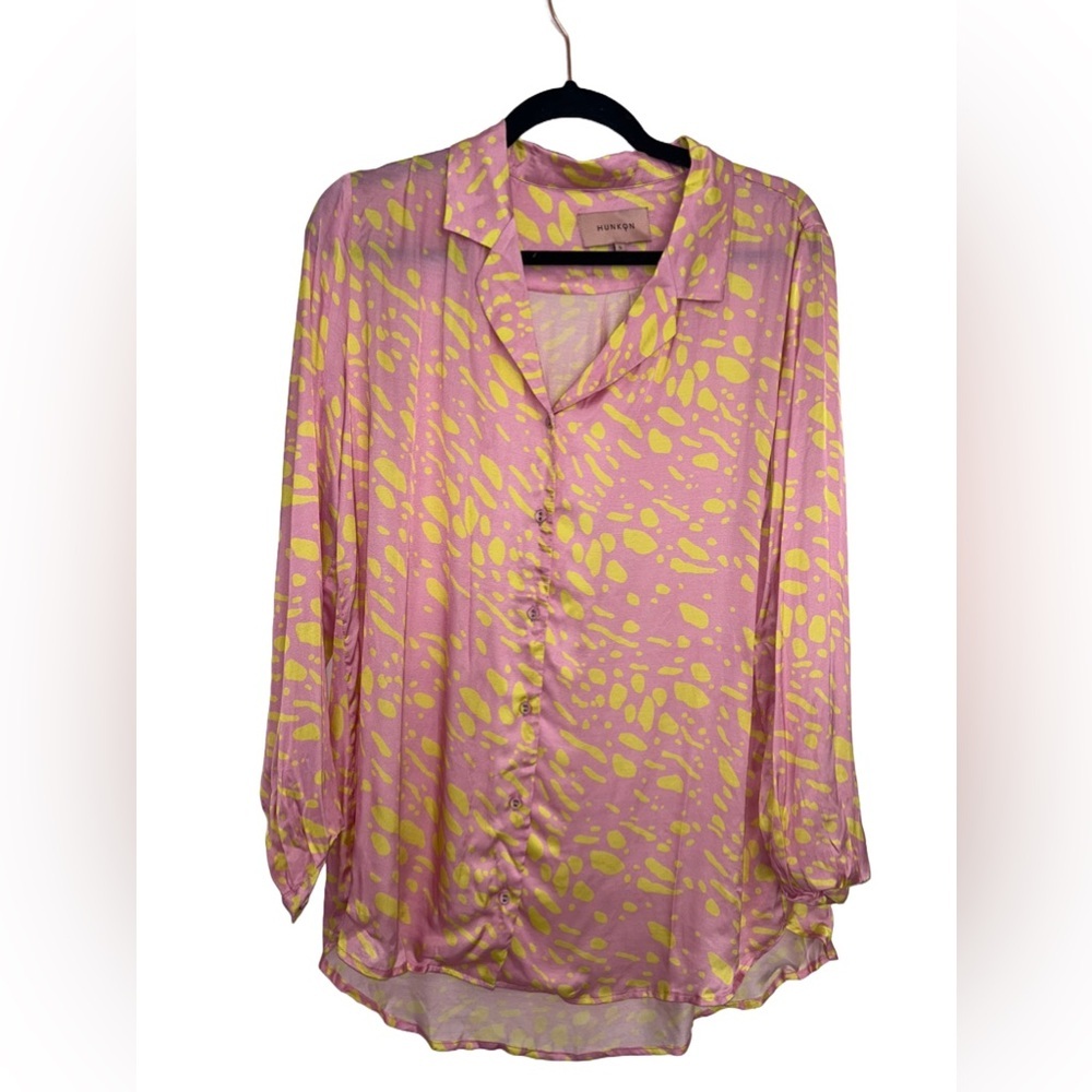 Hunkon Women's Pink and Yellow Benita Button-Up Top From‎ Denmark Size Small